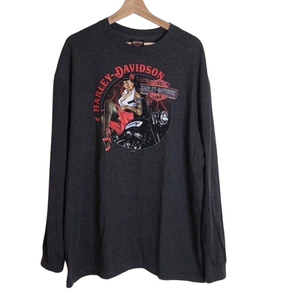 Harley-Davidson Men's Long Sleeve Pinup Girl Graphic T-Shirt Charcoal 2XL
